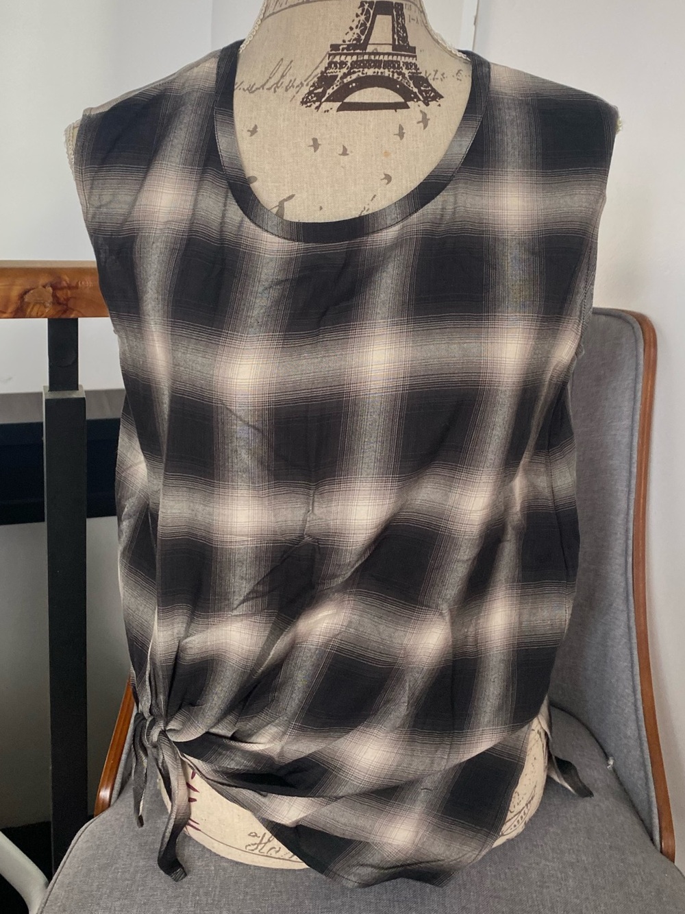 All Saints Black and White Plaid Sleeveless Tie-Side Tank